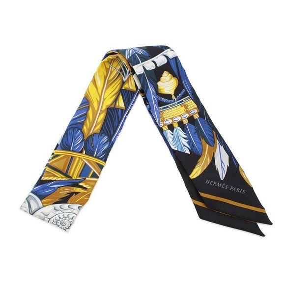 HERMES Twilly Danse Pacifique Dance Pacific Silk100% Blue Nuit/Jaune Vif/Black - Picture 3 of 8